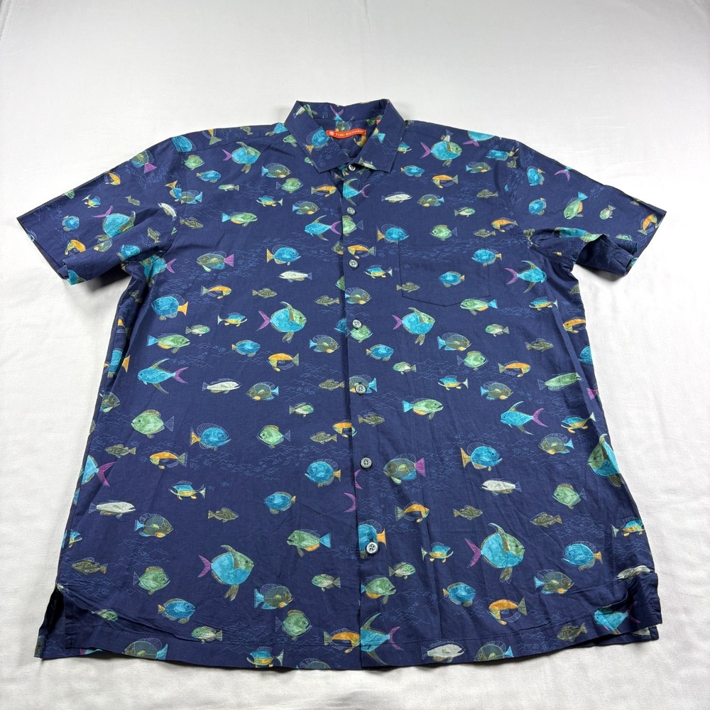 Tori Richard Shirt Mens Large Blue AOP Fish Print Button Up Casual Camp